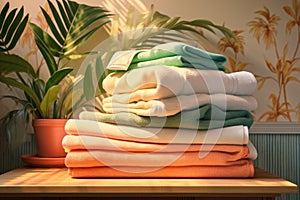 stack of freshly folded towels in a bathroom