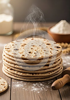A stack of freshly made flatbreads is placed on a wooden surface, with flour scattered