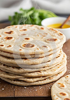 A stack of freshly made flatbreads is placed on a wooden surface. The flatbreads