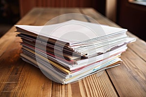 stack of freshly printed scripts on an old wooden table