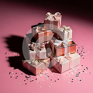 Stack of Gift Boxes with Bows and Confetti