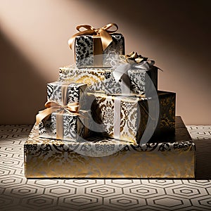 Stack of gift boxes with gold and white wrapping