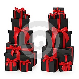 Stack of gift boxes with red bows isolated on white background
