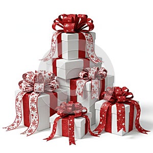 Stack of gift boxes with red ribbons isolated on white background