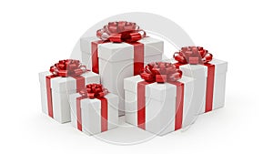 Stack of gift boxes with red ribbons isolated on white background