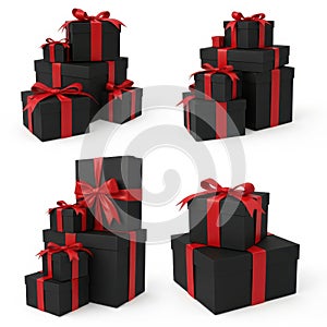 Stack of gift boxes with red ribbons isolated on white background
