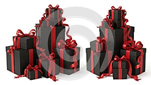 Stack of gift boxes with red ribbons isolated on white background