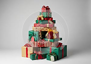 A stack of gift boxes in various sizes arranged in a pyramid shape. The boxes are wrapped in