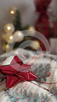 Stack of gifts wrapped in festive Christmas paper with season specific print, red shiny bows and red metallic tinsel string rope