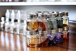 stack of glass spice jars on a pantry shelf