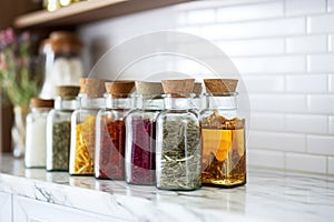 stack of glass spice jars on a pantry shelf