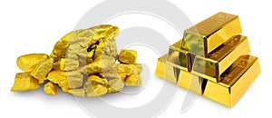 Stack 6 gold bar 1 kg and a group of the precious golds nugget photo