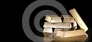 Stack of gold bars on black background, reserve of value concept. 3d rendering