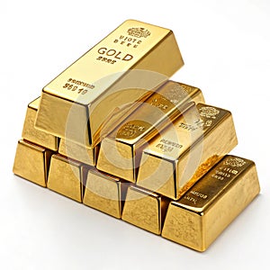 Stack of gold bars with large ingot isolated on transparent background