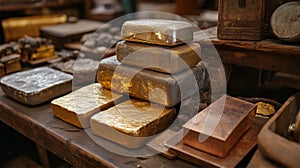 A stack of gold bars and a stack of silver bars