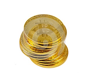 Stack of gold bitcoin isolated on white background