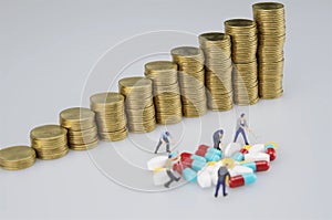 Stack of gold coin and miniature people with medicine