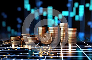 Stack of gold coins on the background of financial chart. 3d illustration