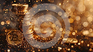 A stack of gold coins with a Bitcoin symbol on top