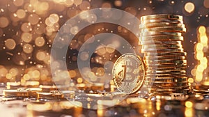 A stack of gold coins with a Bitcoin symbol on top