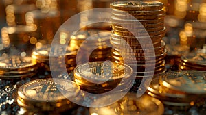 A stack of gold coins with a Bitcoin symbol on top
