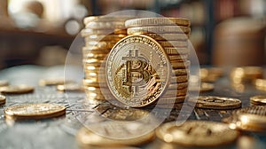 A stack of gold coins with a Bitcoin symbol on top