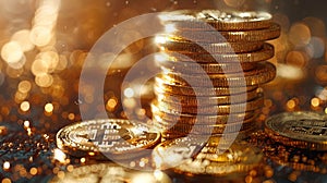 A stack of gold coins with a Bitcoin symbol on top