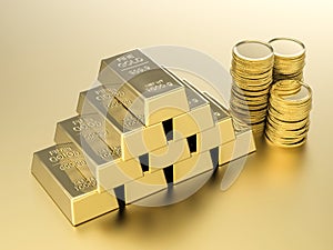 Stack of gold coins and bullions photo