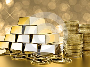 Stack of gold coins and bullions