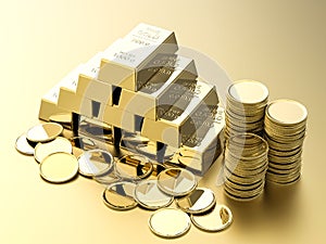 Stack of gold coins and bullions