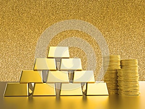 Stack of gold coins and bullions