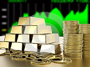 Stack of gold coins and bullions