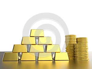 Stack of gold coins and bullions