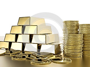 Stack of gold coins and bullions photo