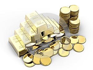 Stack of gold coins and bullions