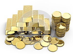 Stack of gold coins and bullions