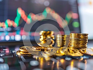 A stack of gold coins displayed on a table next to a laptop