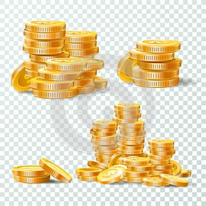 Stack of gold coins. Golden coin pile, money stacks and golds piles isolated vector set