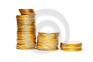 Stack of gold coins isolated on white background close-up