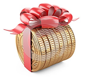 A stack of gold coins lying on its side tied with a red ribbon with a bow. Near empty - template. Gift for the customer - concept