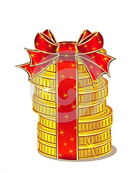 Stack of gold coins with ribbon and bow