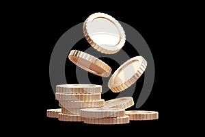 Stack of gold coins. Shiny golden coins falling down. Finance, investment and savings concept. 3D Money cash bank