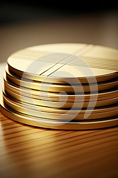 a stack of gold coins sitting on top of a wooden table