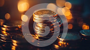 Stack of gold coins in soft warm light, symbolizing wealth and savings photo