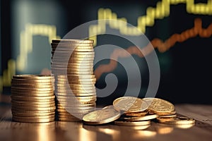 Stack of gold coins with stock market chart background, business and financial concept idea