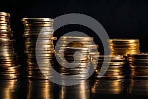 A stack of gold coins on a table. The coins are shiny and reflect light