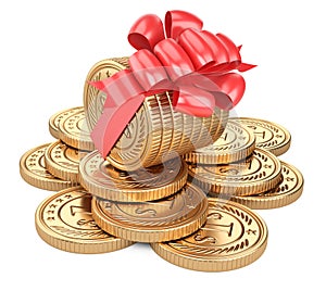 A stack of gold coins tied with a red ribbon with a bow. On the background of scattered coins. Gift for the customer - concept of