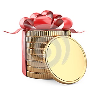 A stack of gold coins tied with a red ribbon with a bow. Near empty - template. Gift for the customer - concept of financial gain