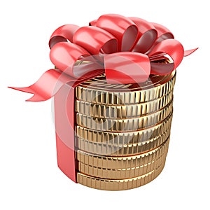 A stack of gold coins tied with a red ribbon with a bow- top view. Gift for the customer - concept of financial gain