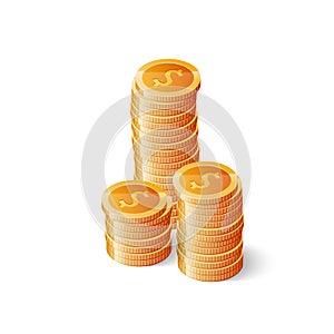 Stack of gold dollar coins isolated on white background. Isometric vector illustration